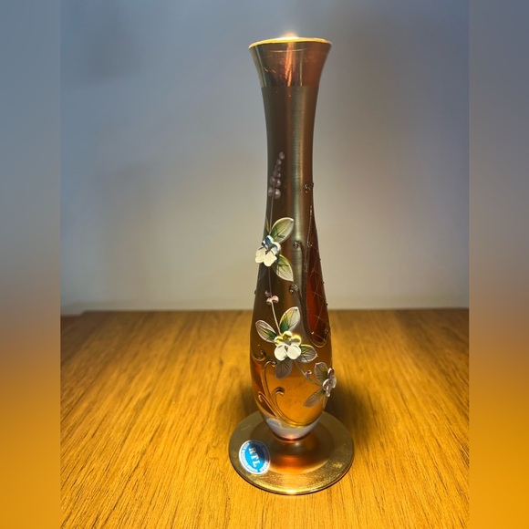 Vintage RTL Bohemian Pink Gold Floral Glass Vase Handmade Hand painted Mcm - Picture 4 of 12